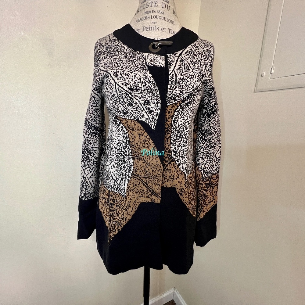 Nic + Zoe Santana cardigan leaf leaves knit grey brown snap closures Size S